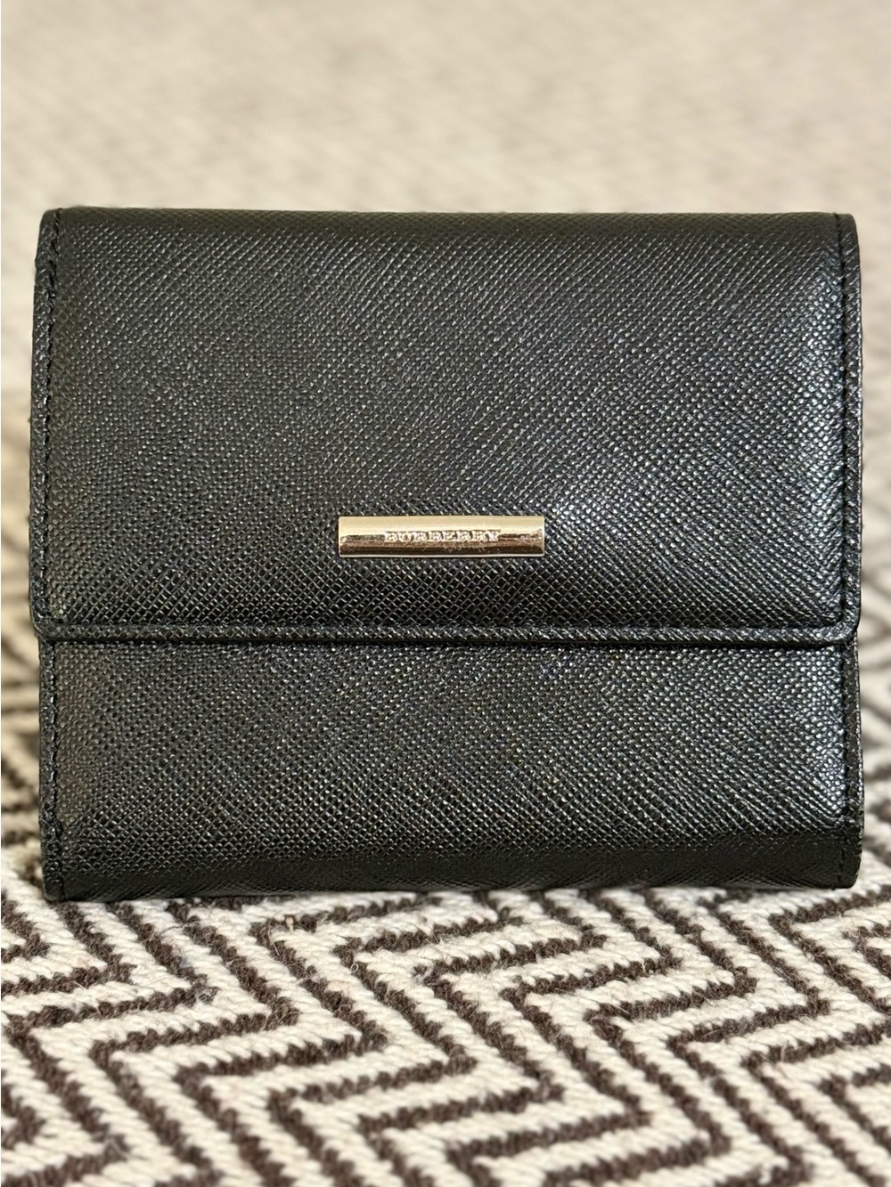 Burberry Black Saffiano Leather Check Interior Snap Wallet